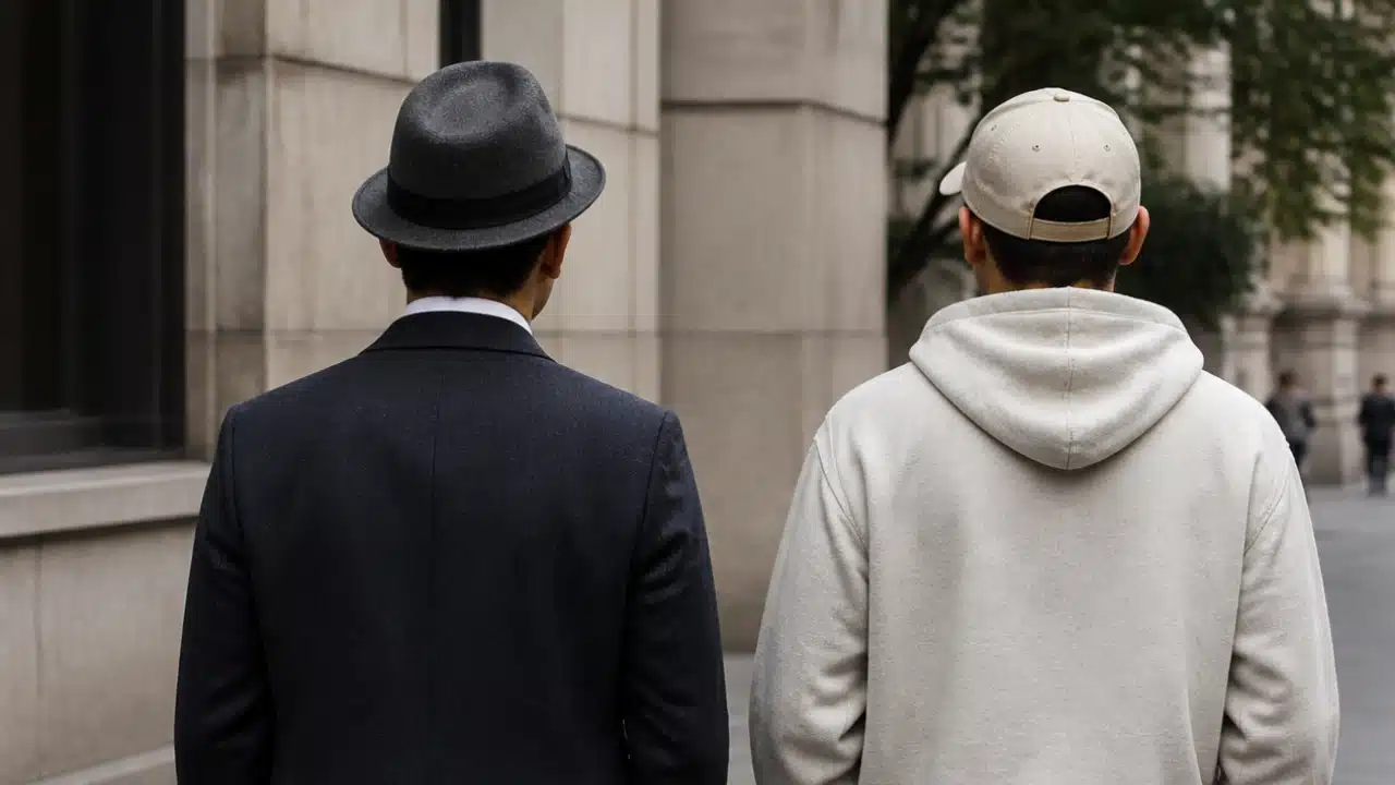 Two men in hats and jackets stroll down a city street, engaged in conversation.