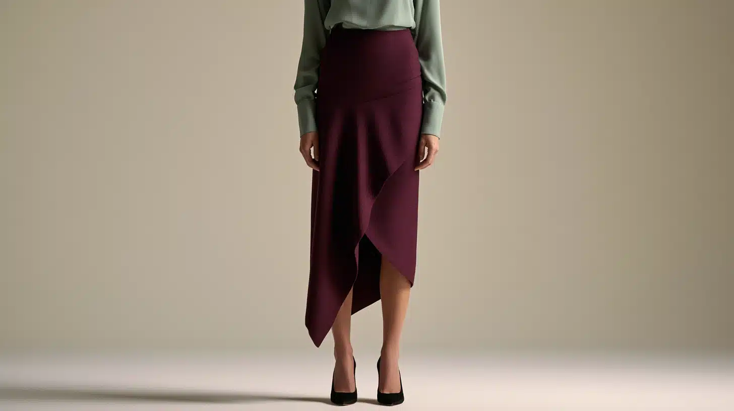 A model displays a fashionable look featuring a green blouse and a burgundy asymmetrical skirt, emphasizing contemporary design.