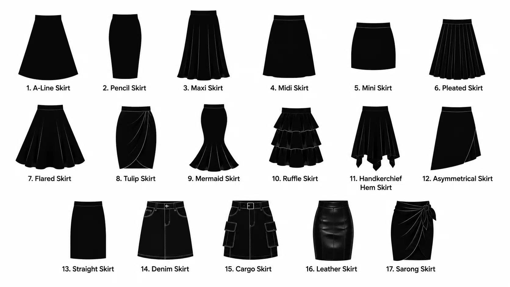Silhouettes arranged in a clean grid on a white background, featuring different types of skirts.