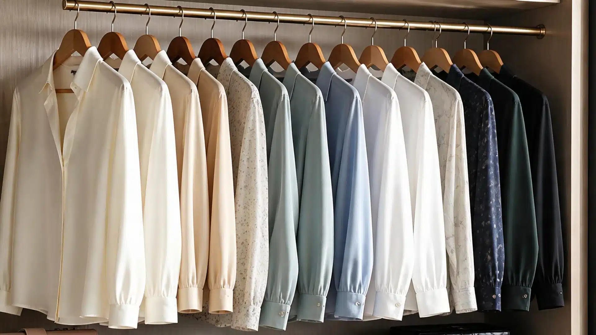 A closet interior featuring a rack with multiple shirts neatly hanging in various colors and styles.