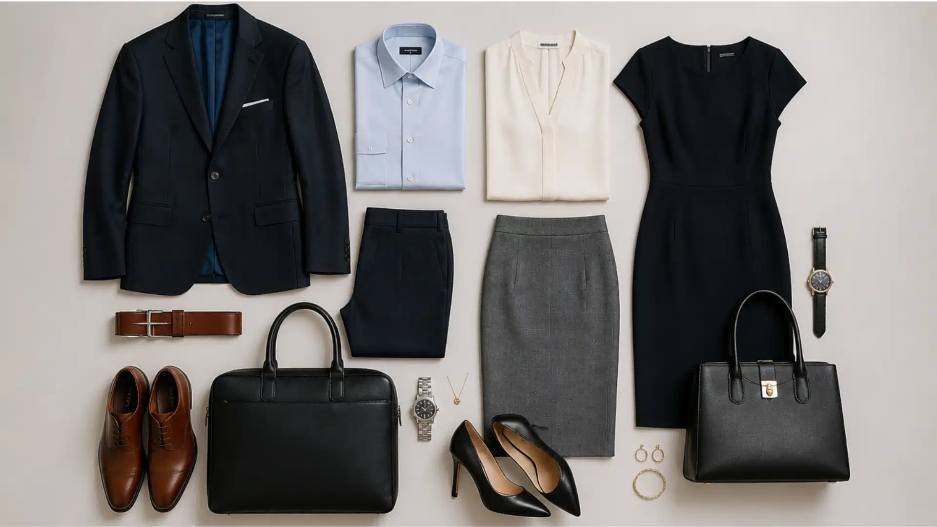An assortment of professional clothing and accessories, featuring a suit, shoes, and a handbag, presented on a surface.
