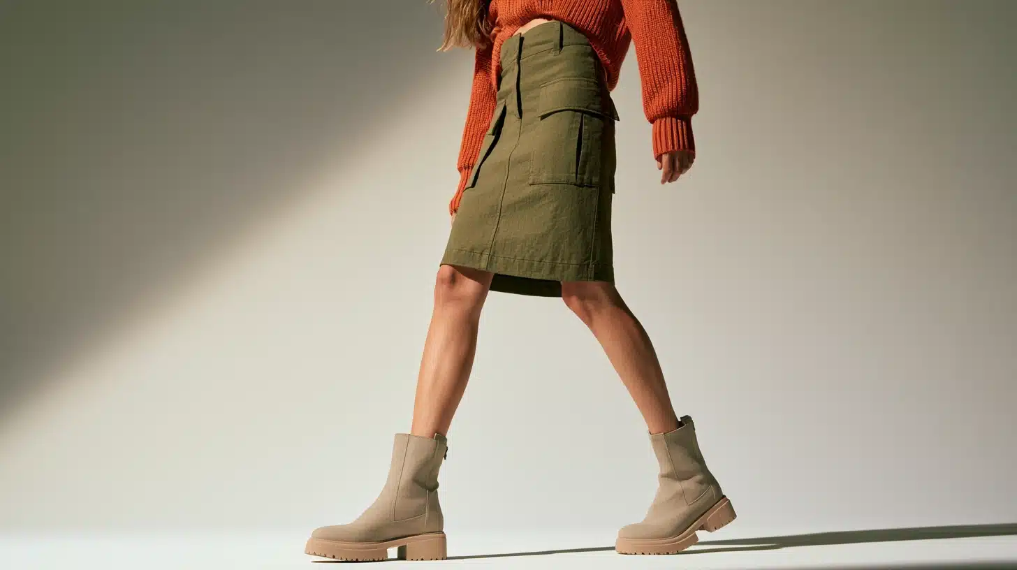 A woman models a vibrant orange sweater paired with a green cargo skirt, highlighting a trendy and relaxed look.