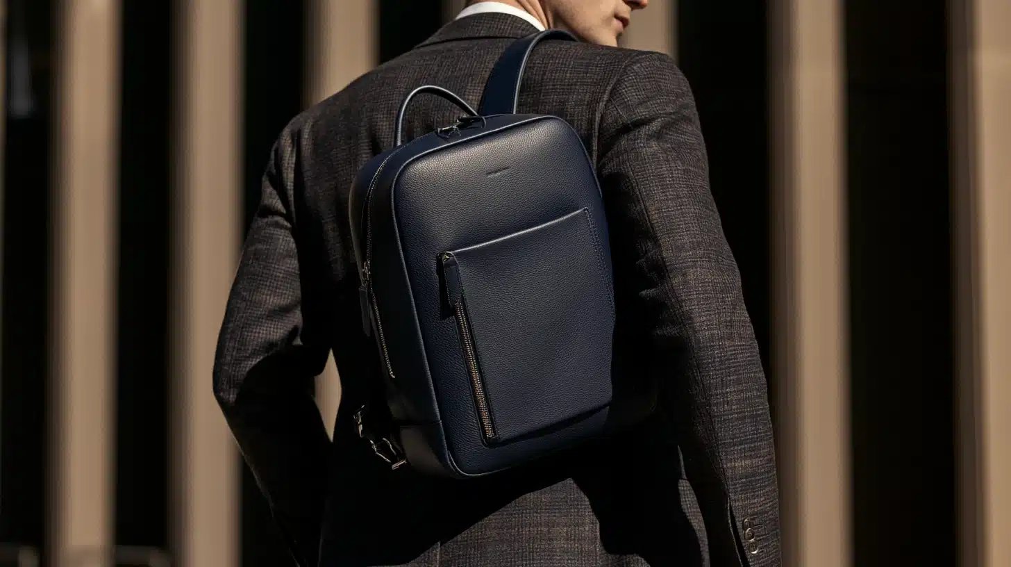 A man in a suit and tie carries a blue backpack, walking confidently down a city street.