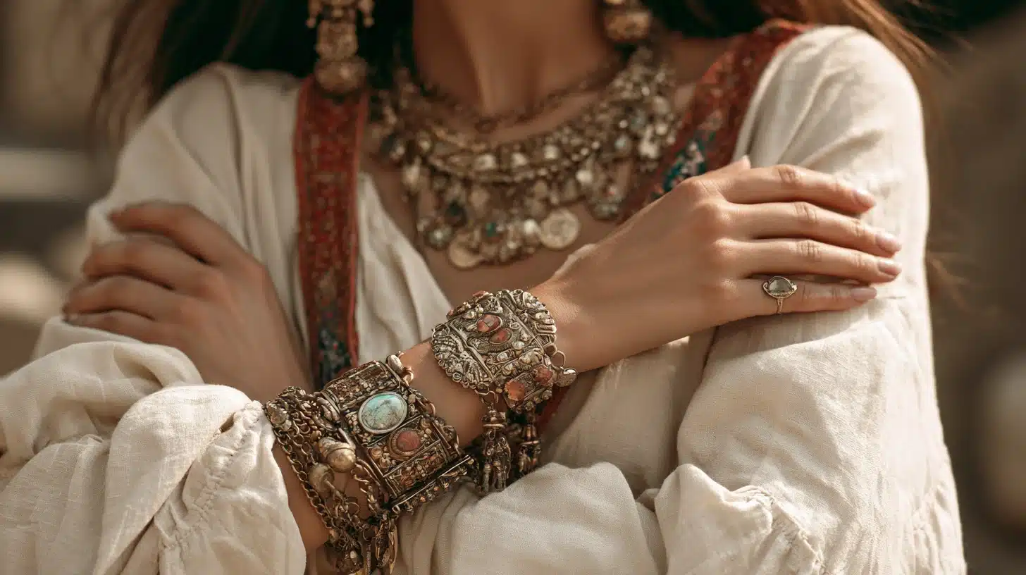 Close-up of a woman in bohemian attire adorned with ornate ornate metal jewelry