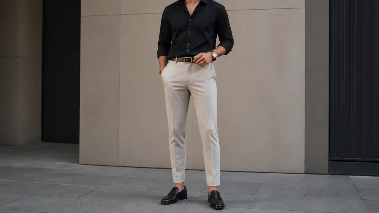 A man wearing a black shirt and white pants stands confidently, showcasing a stylish and modern outfit