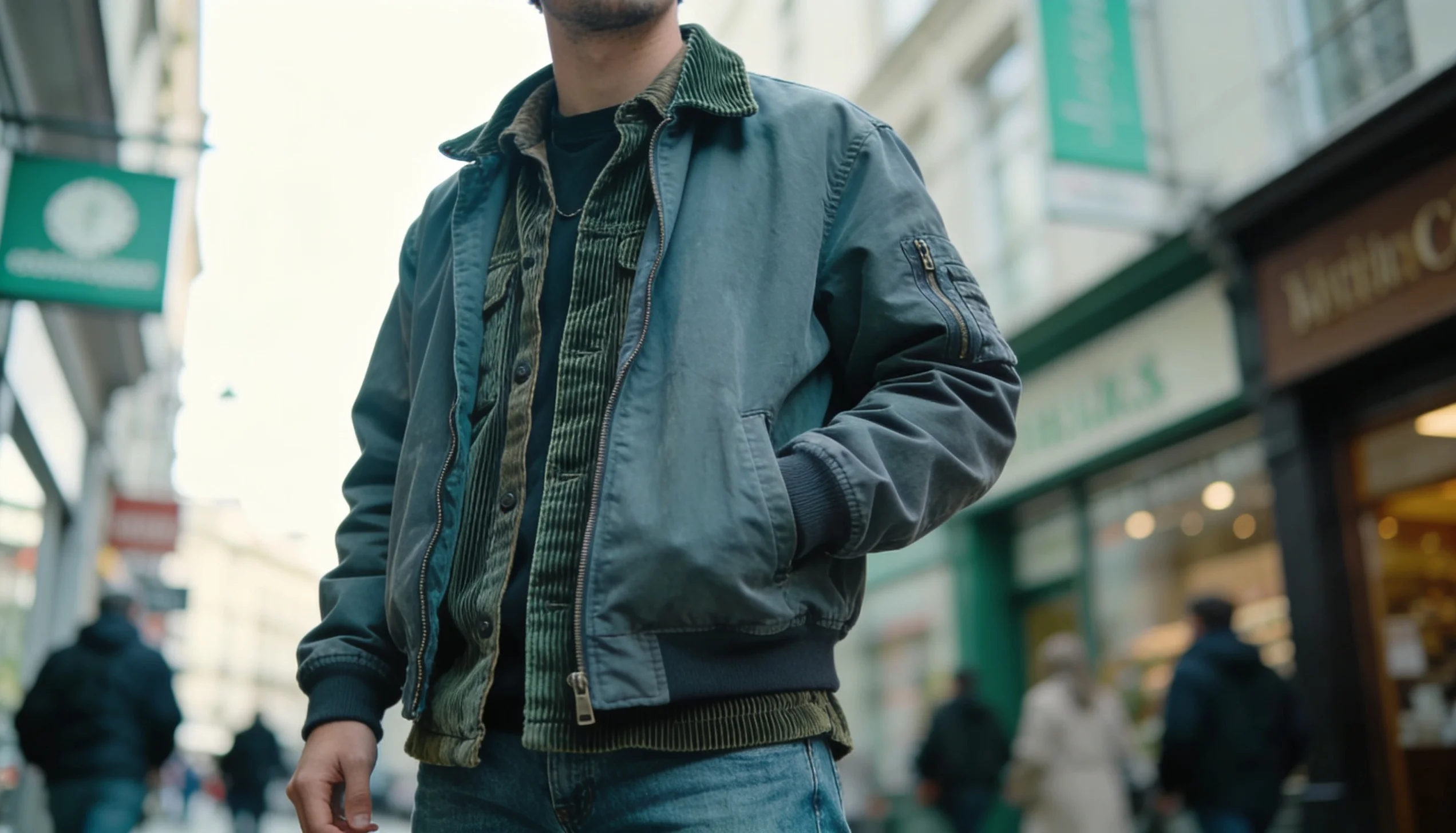 Man wearing a blue bomber jacket over a corduroy shirt walks down a blurry city street.