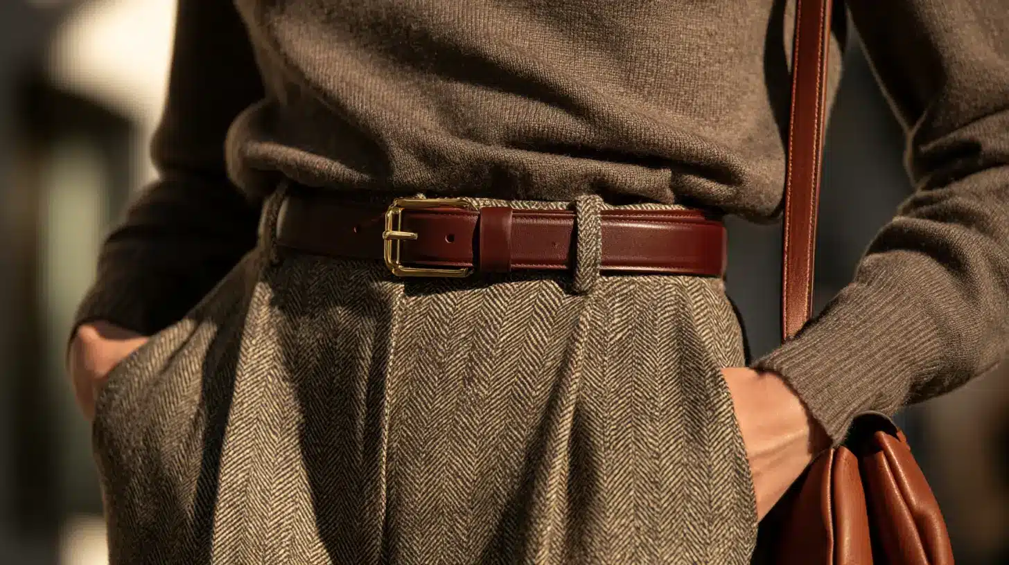 A woman wearing a brown belt over a stylish sweater, showcasing a casual yet fashionable outfit.