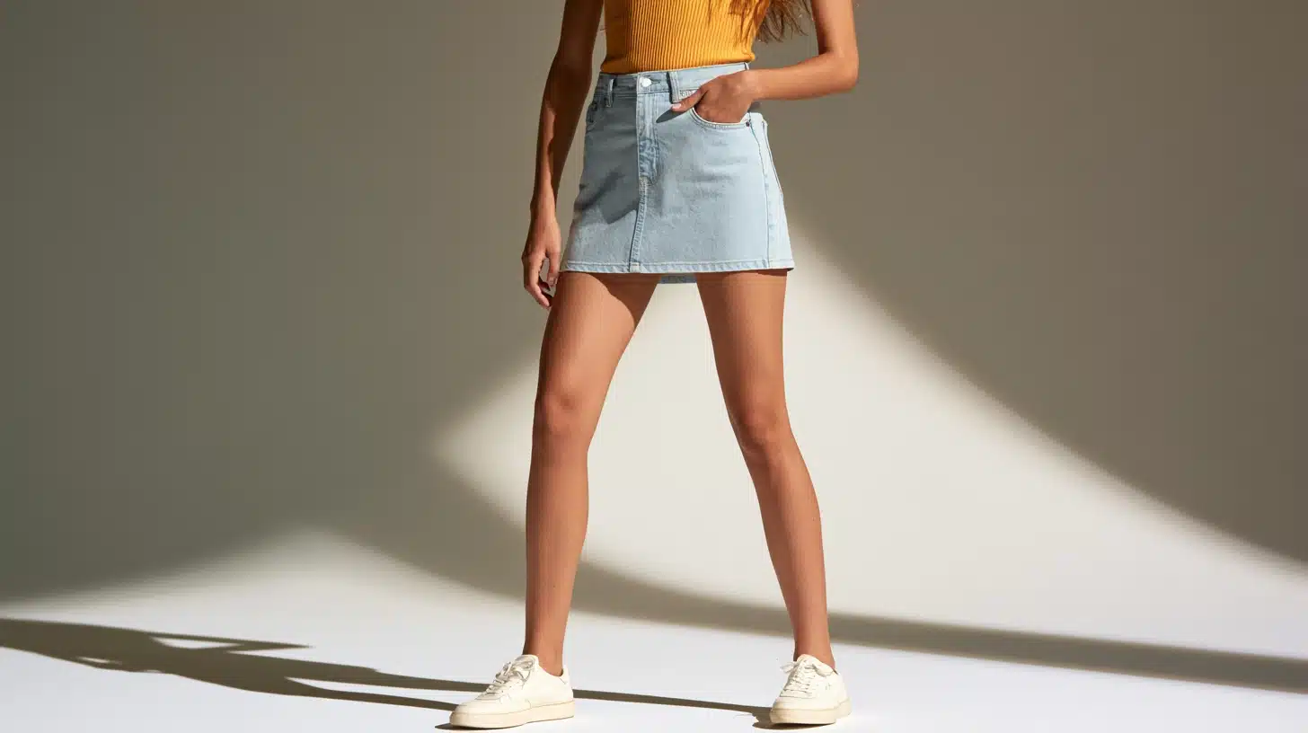 A woman wearing a yellow top paired with a denim skirt, standing outdoors with a neutral background.