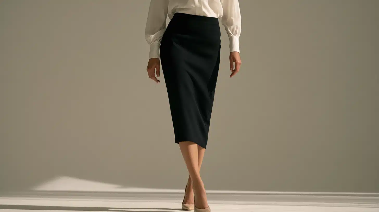 A woman shown from front from the waist down, wearing a black pencil skirt, tucked-in white blouse.