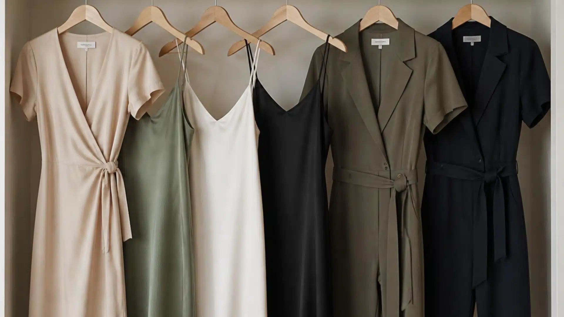 Women’s smart casual wrap dresses slip dresses and jumpsuits hanging neatly in a wardrobe.
