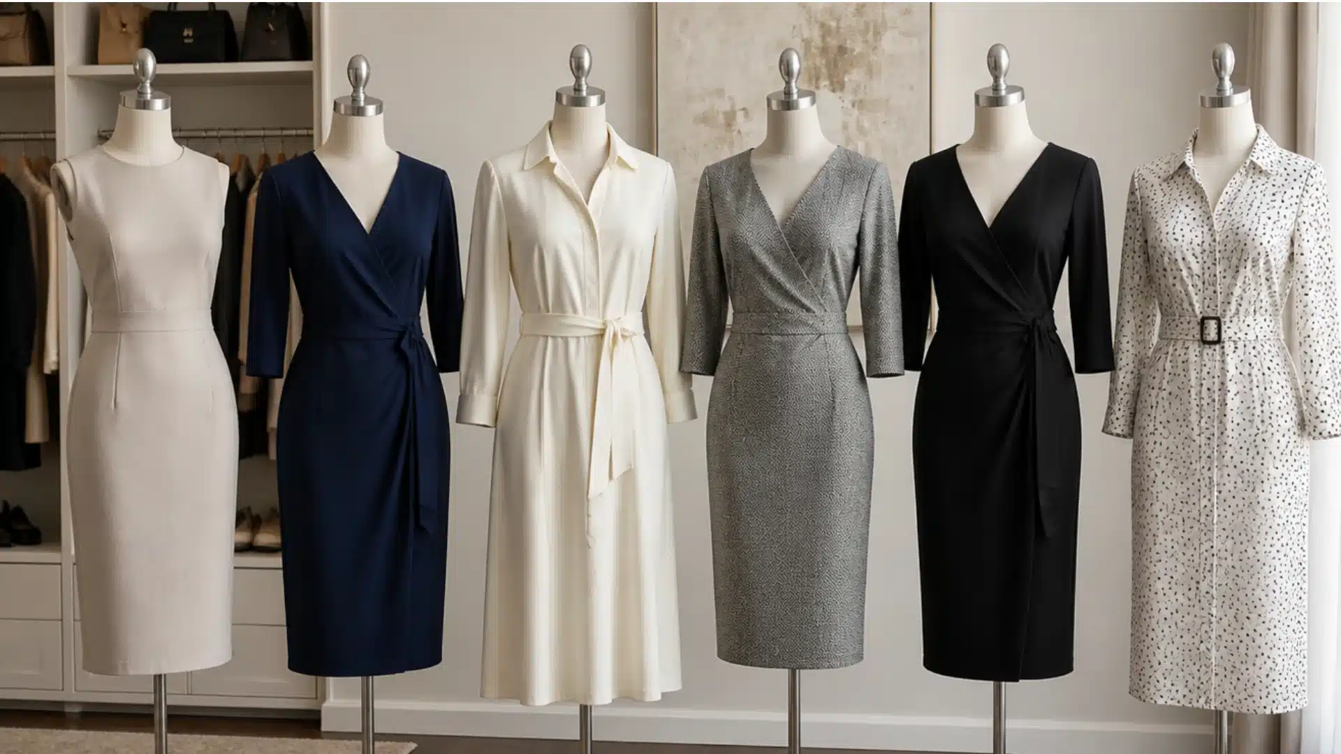 Five stylish dresses displayed on mannequins in a well-lit room, showcasing various colors and designs.
