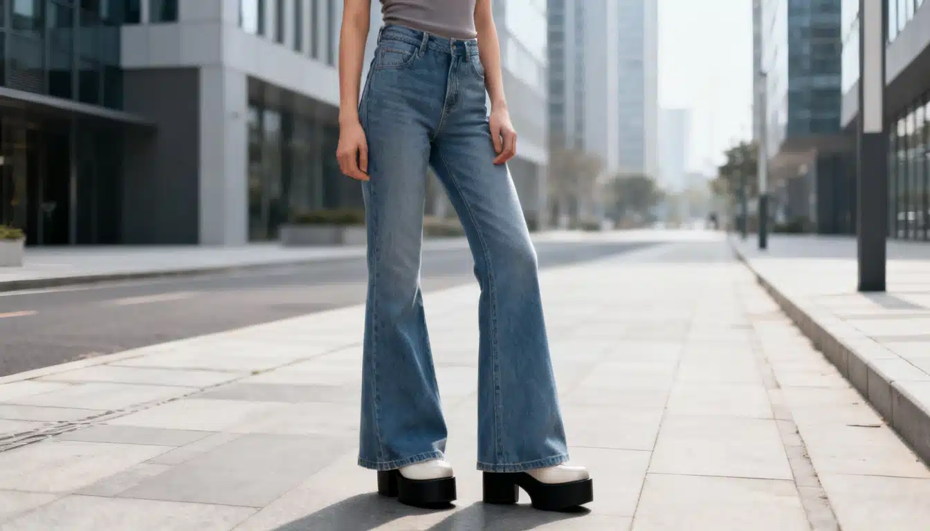 Person wearing flared denim jeans and platform shoes stands on a city sidewalk with buildings in the background.