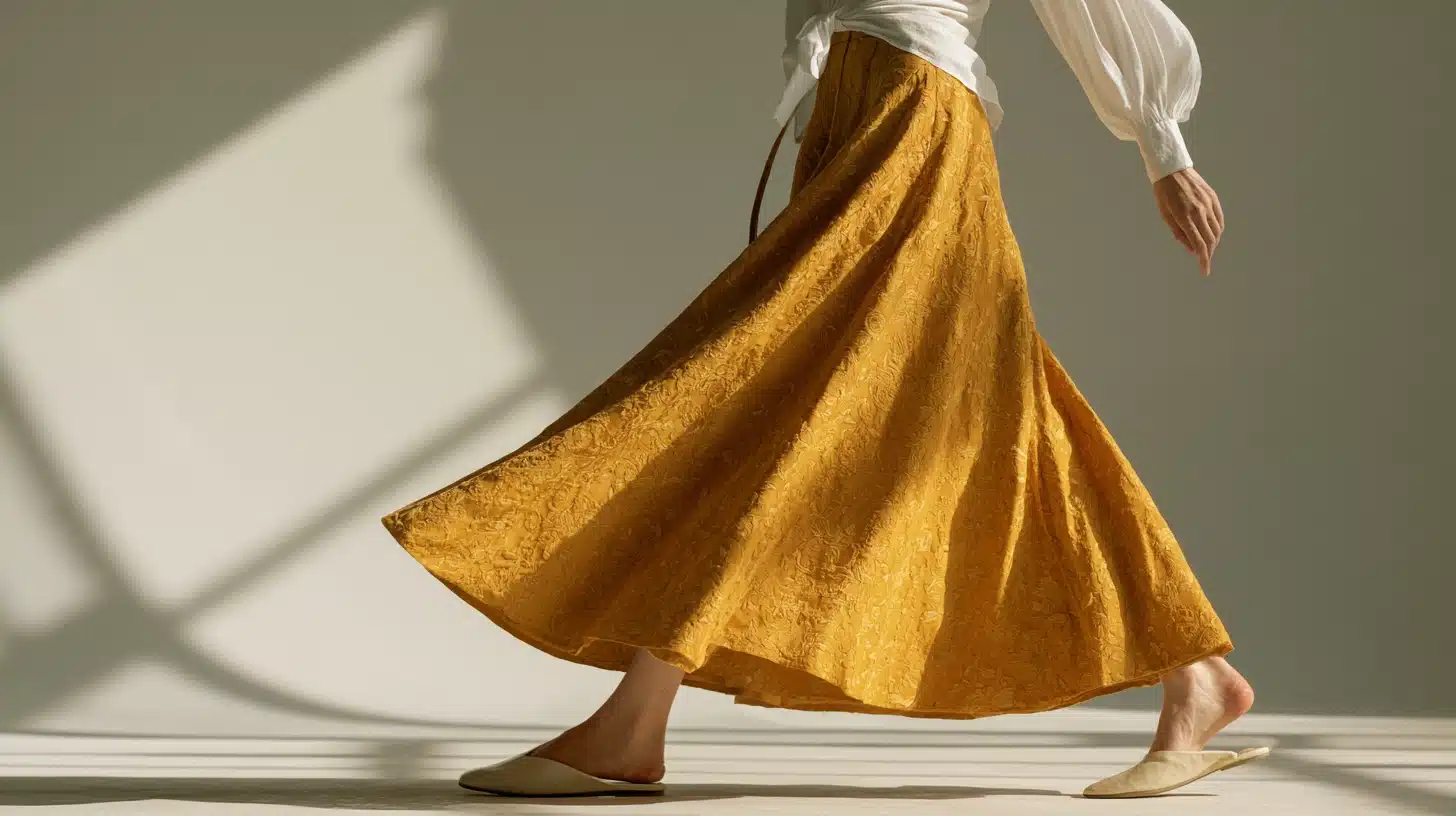 A woman wearing a yellow flared skirt and a white shirt stands confidently, showcasing her stylish outfit.