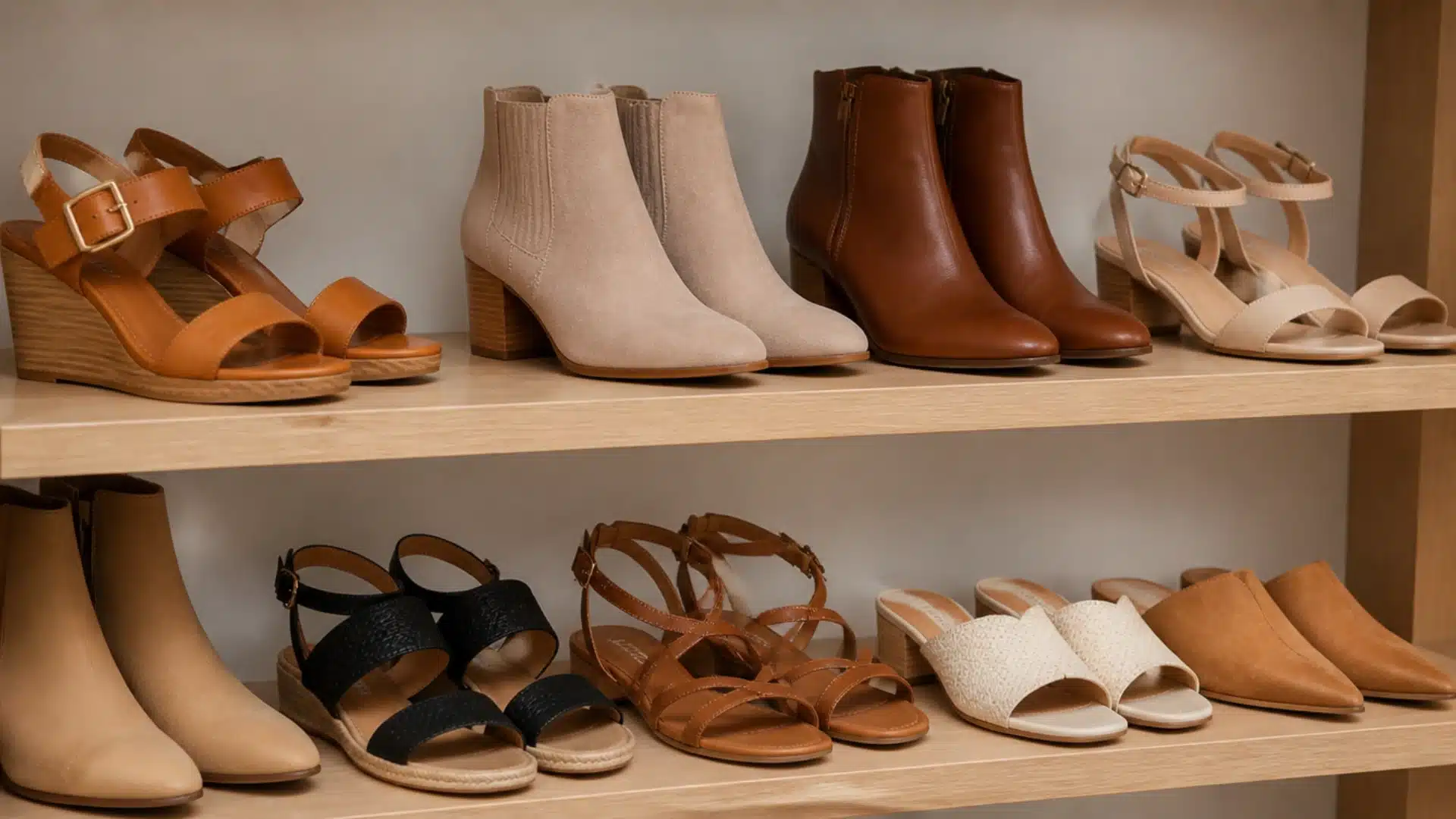 Women’s smart casual sandals and ankle boots neatly arranged on wooden wardrobe shelves