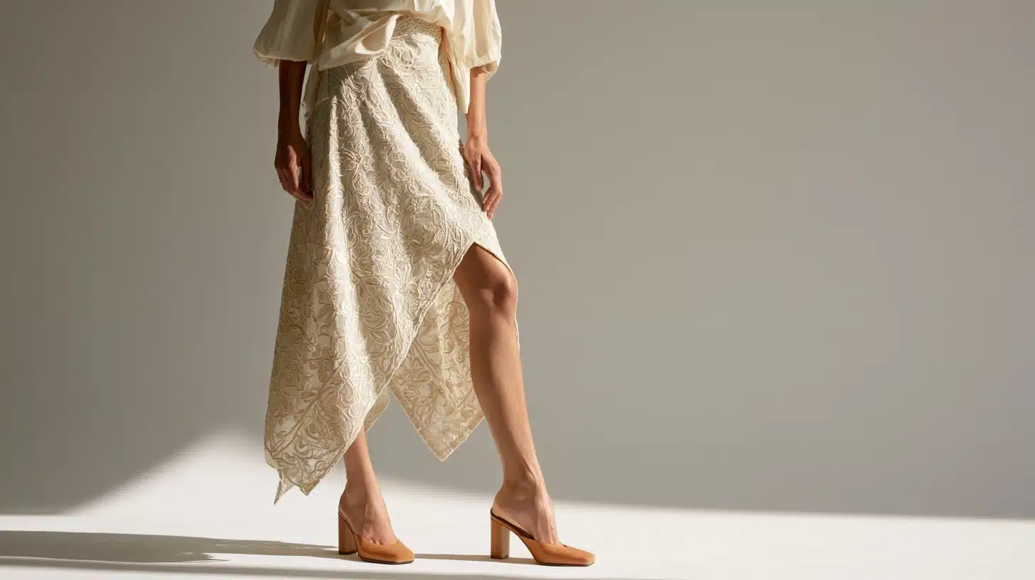 A woman wearing a white handkerchief-hem skirt and sandals stands elegantly, showcasing her outfit in a bright setting.