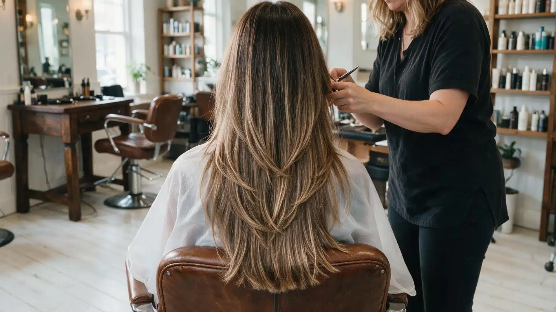 Back view of a woman with long layered brown hair seated in a salon while a stylist neatly trims and shapes the ends