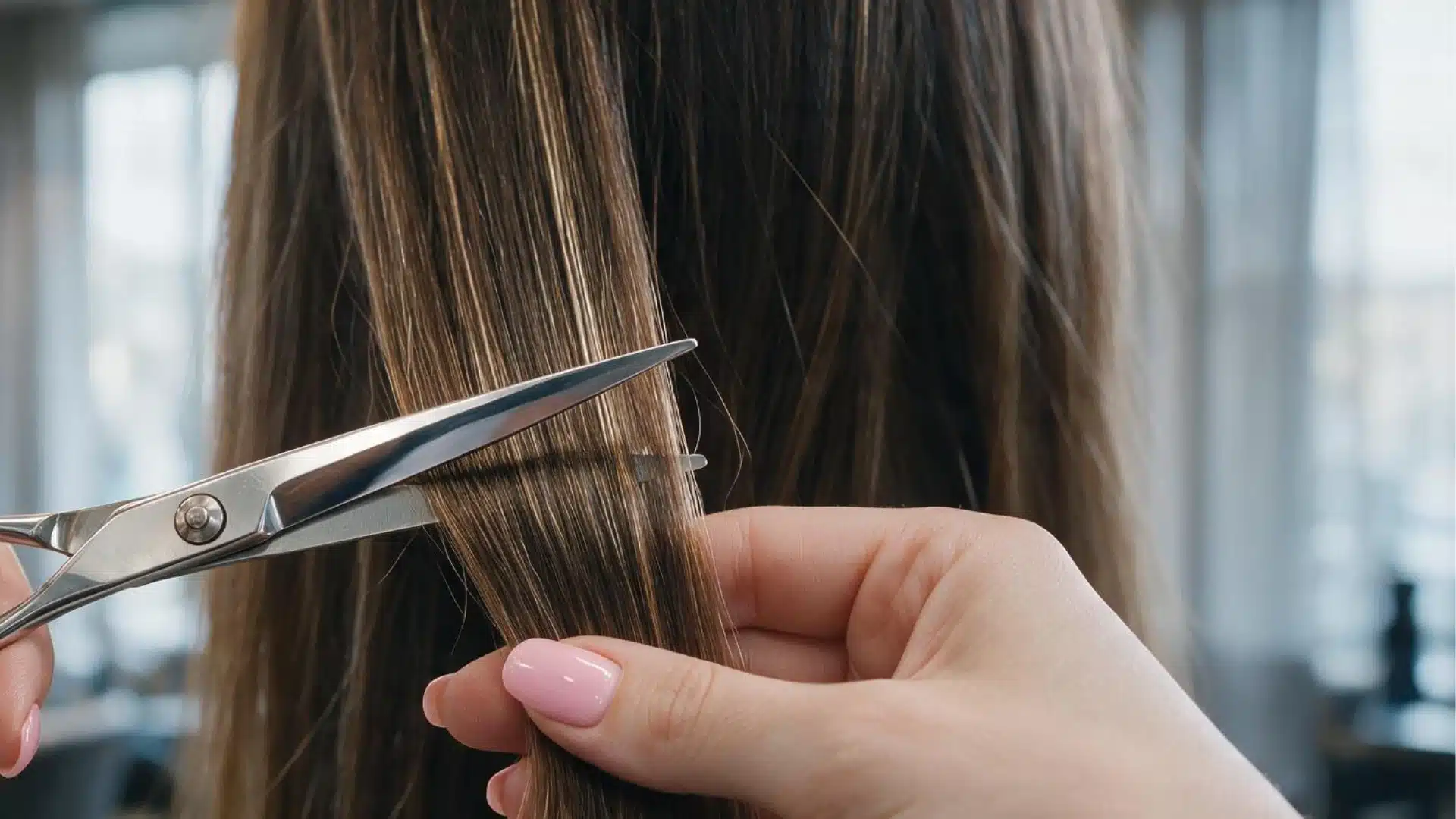 Close up of a hairstylist trimming straight brown hair with silver scissors while holding the ends inside a salon