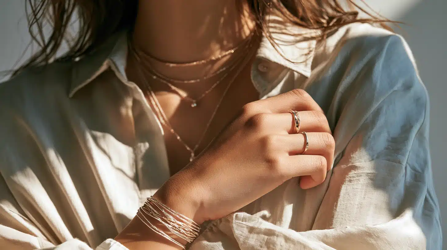 A woman in a white shirt wearing a gold bracelet, smiling softly at the camera.