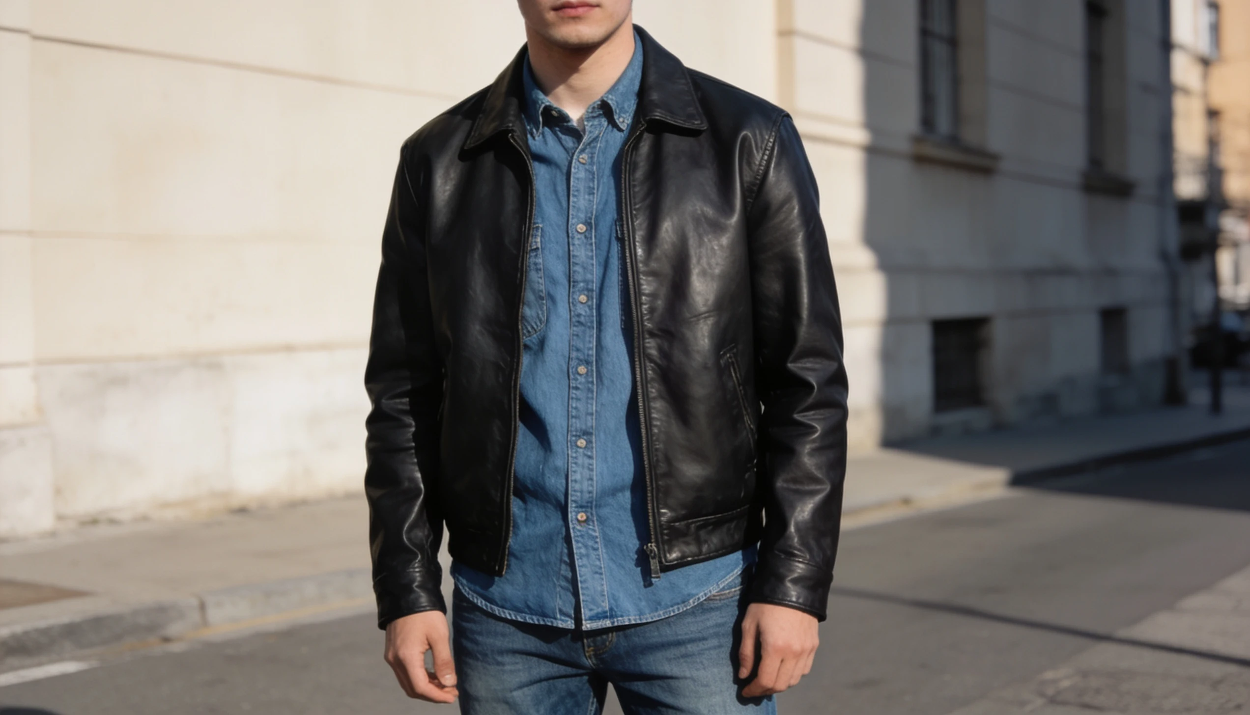 Man wearing a black leather jacket over a denim shirt and jeans.