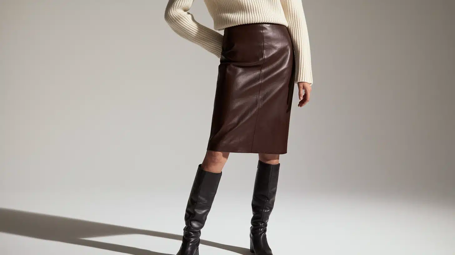 The image features a model in a white sweater and a brown leather skirt, presenting a chic and modern fashion look.
