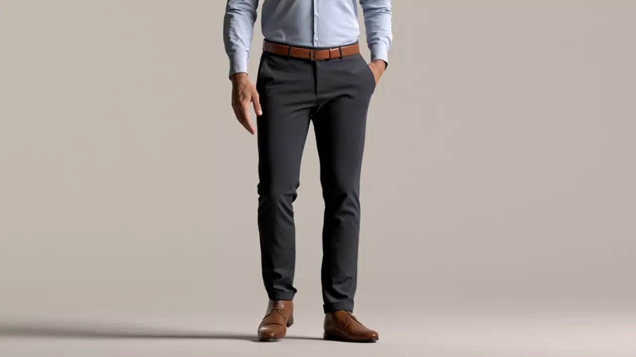 A man wearing a blue shirt and brown shoes stands confidently, showcasing a casual yet stylish outfit.