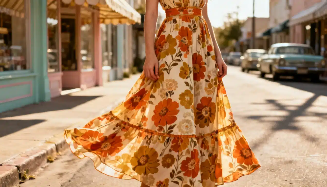 Woman in a floral maxi dress twirls on a vintage street with classic cars.