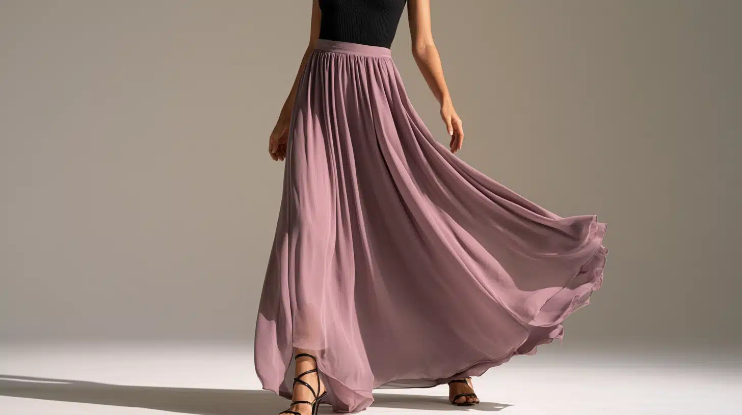 A woman wearing a black top and a flowing purple maxi skirt stands outdoors, showcasing her stylish outfit.