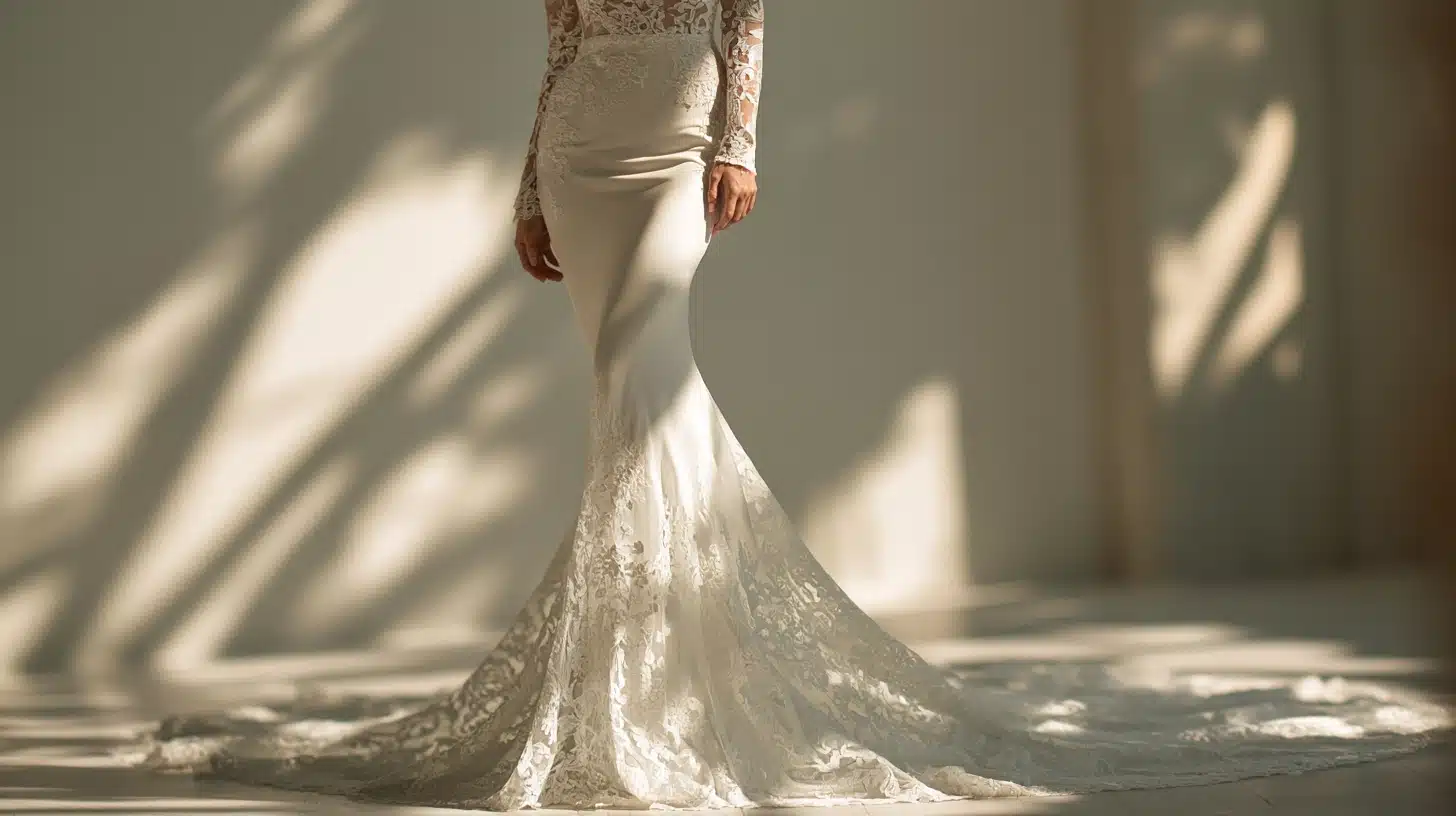 A bride showcases a long-sleeved lace wedding dress with a fitted mermaid skirt, enhancing her graceful figure.