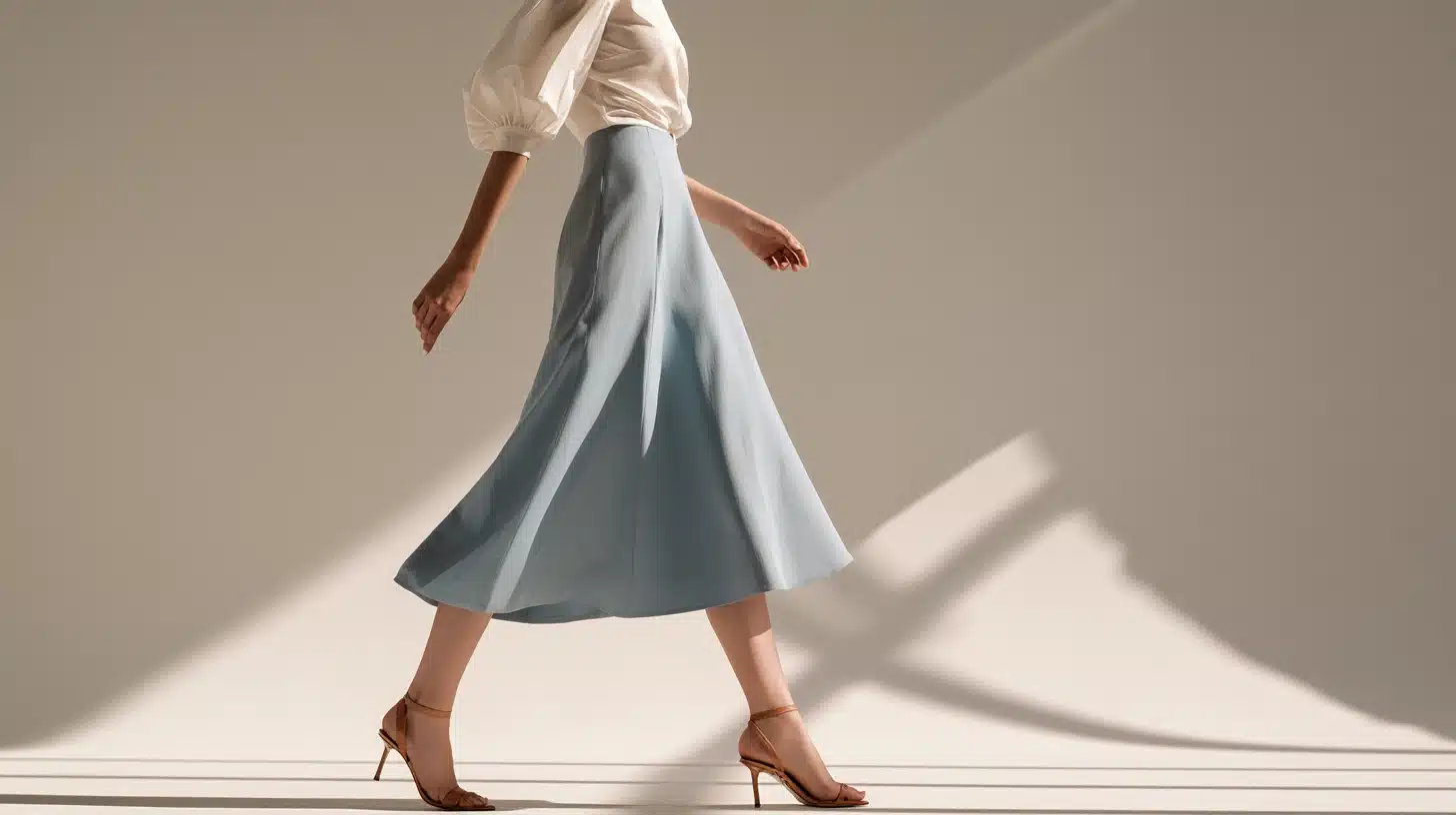 A woman wearing a blue midi skirt paired with a white shirt, standing confidently in a bright outdoor setting.