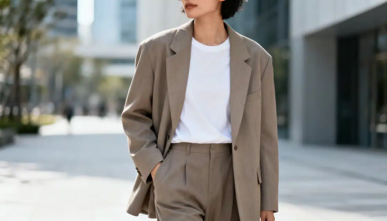 A person in a tan suit and white t-shirt walks outdoors with blurred city buildings in the background.