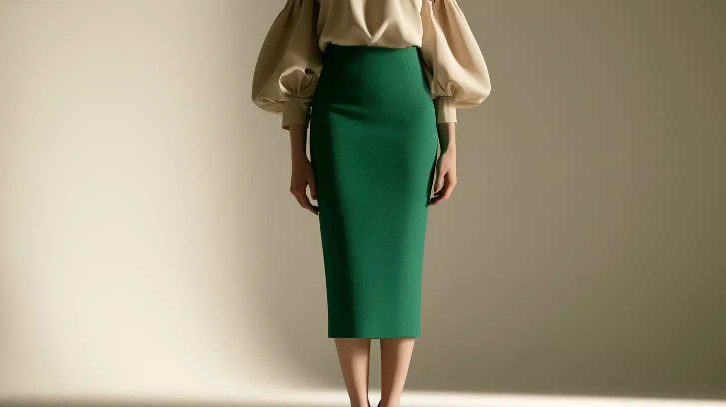 A model wearing a green pencil skirt paired with a matching blouse, showcasing a stylish and elegant outfit.