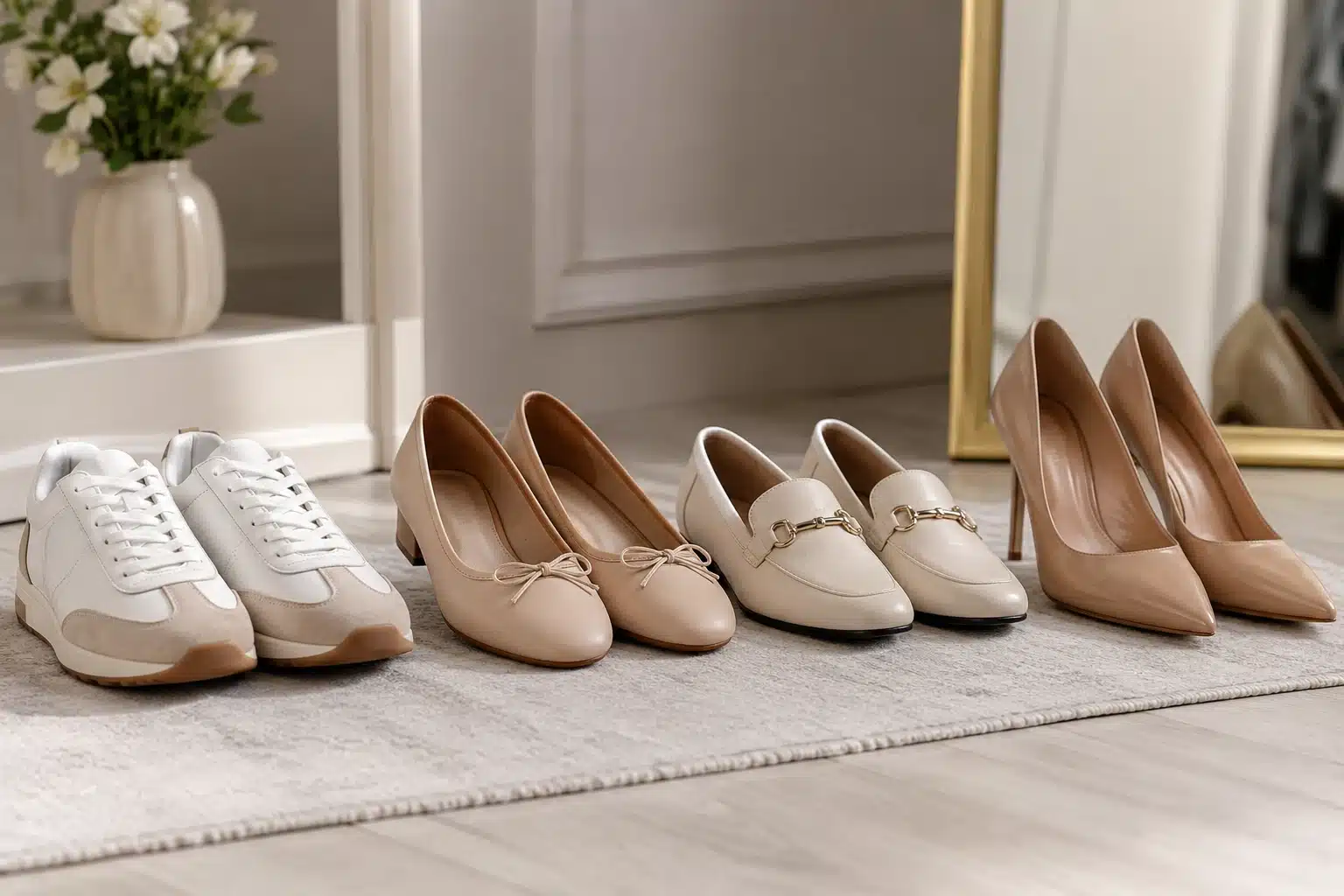 Five pairs of shoes arranged neatly in a row on a floor, showcasing various styles and colors.