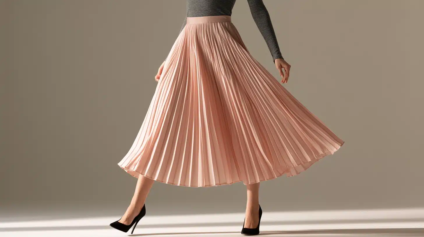 A woman wearing a pink pleated skirt stands gracefully, showcasing the skirt's flowing design and vibrant color.