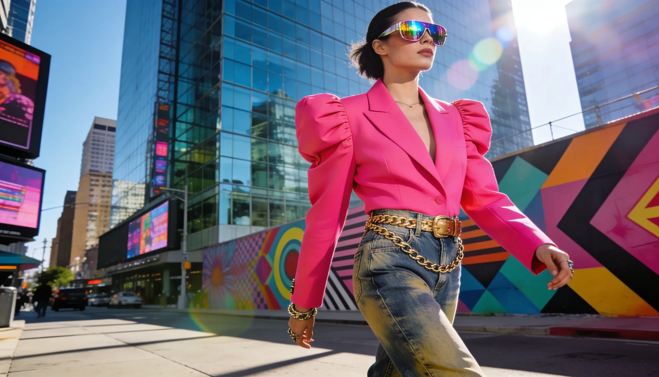 A woman in a pink blazer and jeans walks past a colorful mural in a city with modern buildings and digital billboards.