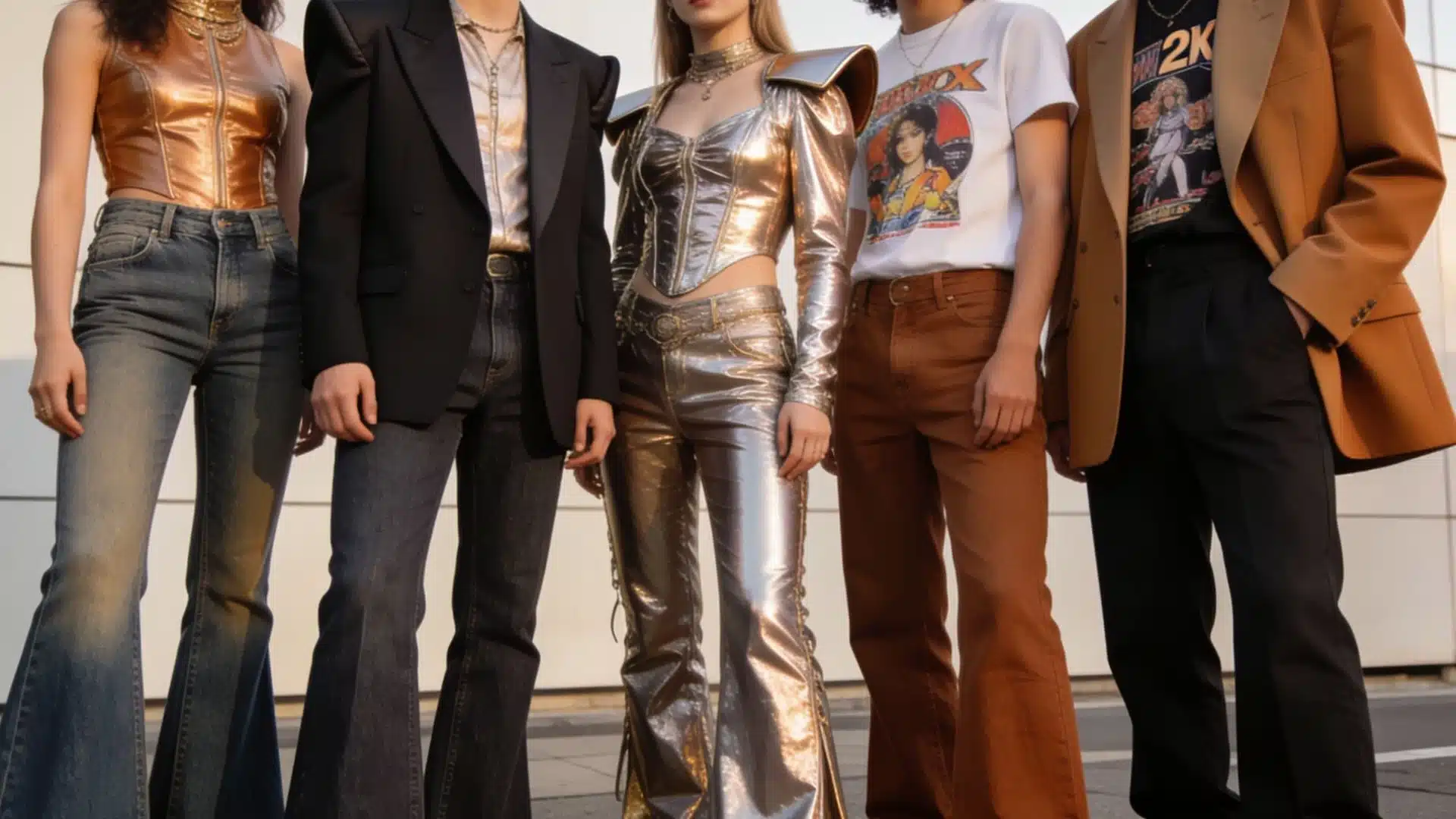 Five models in retro inspired fashion stand together showcasing metallic tops flare jeans and blazers.