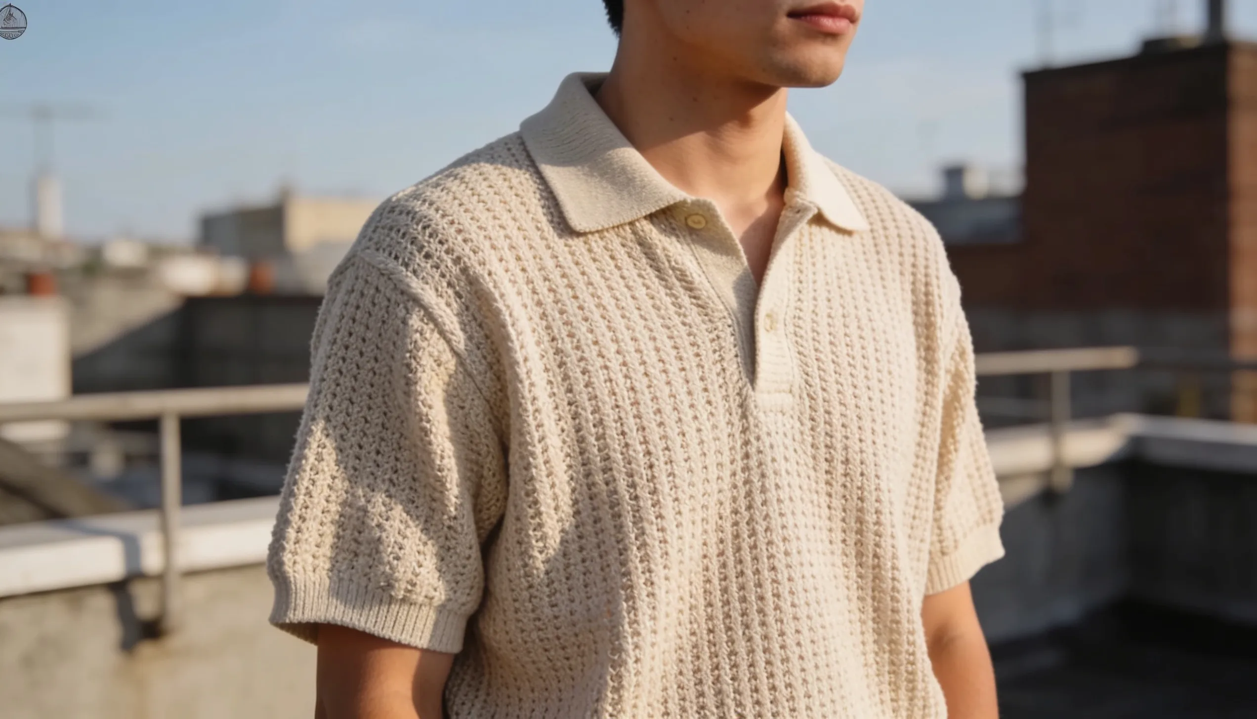 Man in a textured cream short-sleeved polo shirt on a rooftop with buildings in the background.