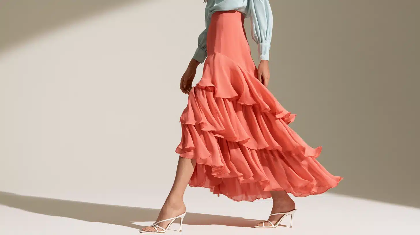 A model displays a coral ruffle skirt and a blue blouse, highlighting a vibrant and fashionable ensemble.