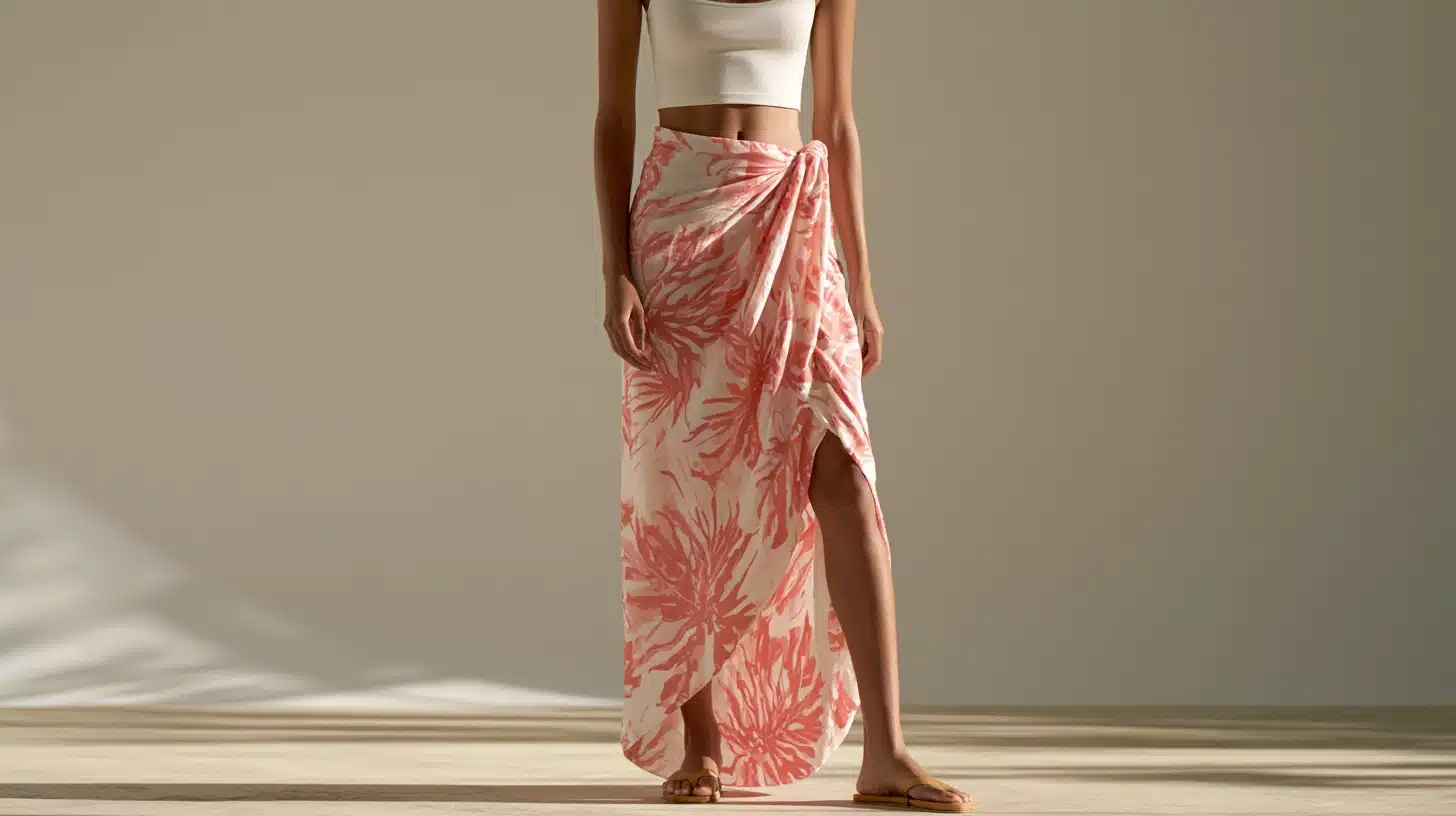 A woman wearing a white top and a pink floral sarong skirt stands outdoors, showcasing a vibrant summer outfit.