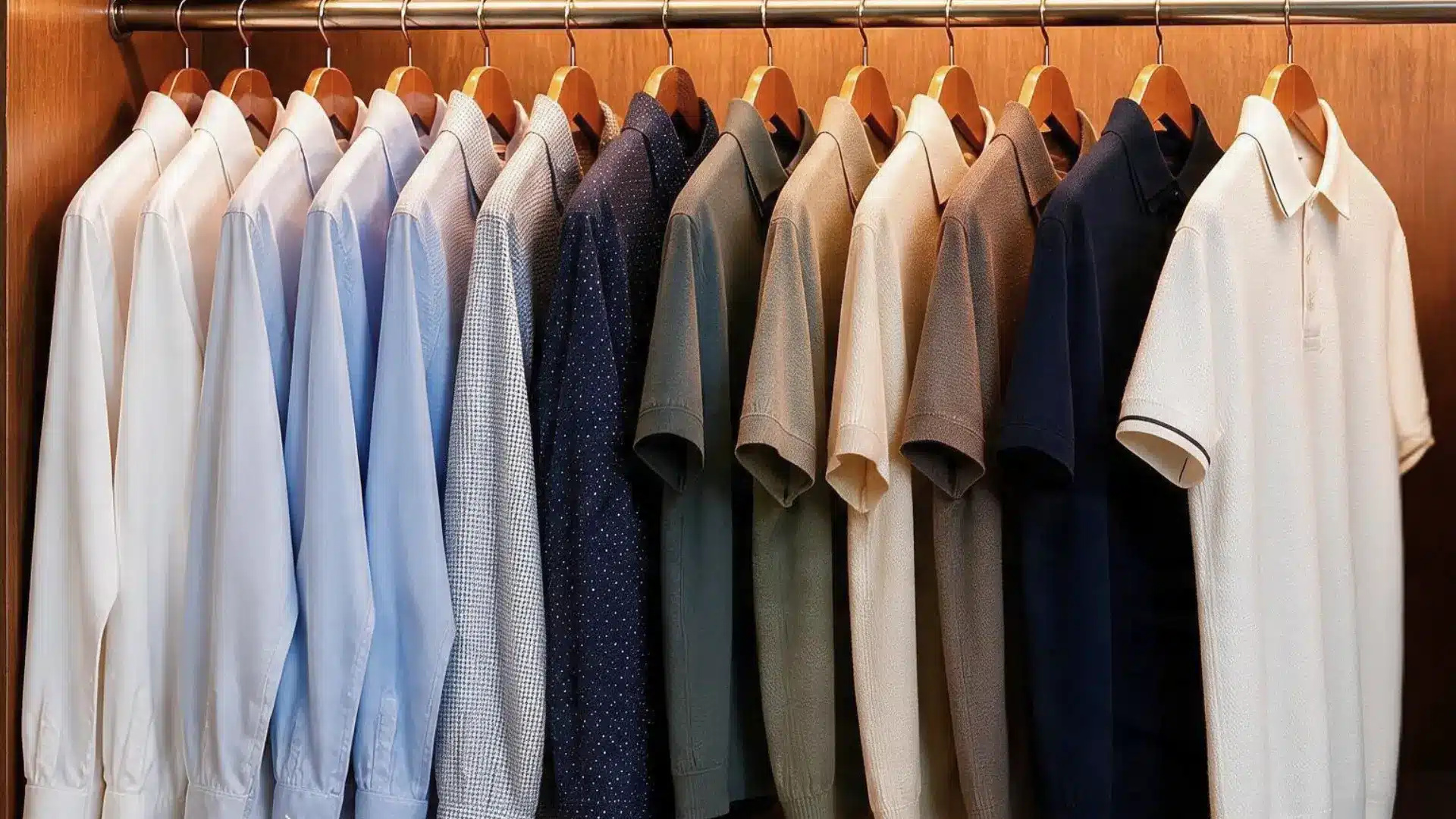 Men’s casual shirts and polos neatly arranged inside a wardrobe.