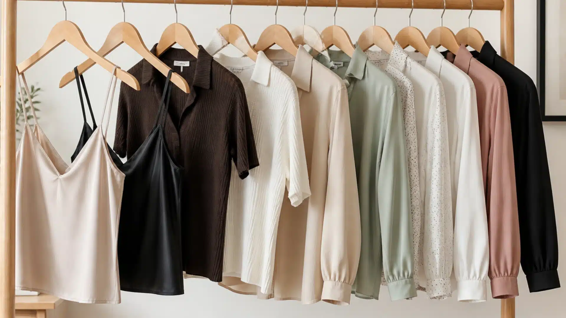 Neutral and earth-toned women's shirts hanging neatly on wooden clothing rack