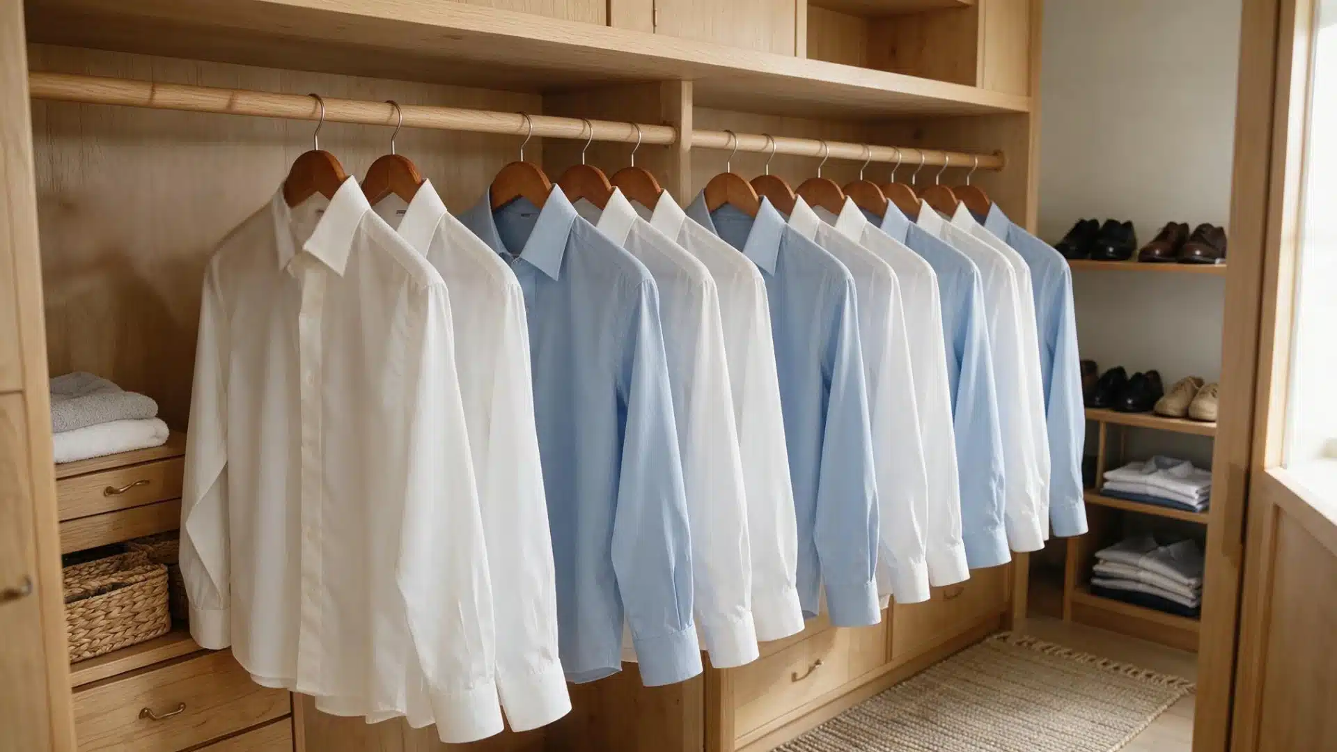 Crisp white and blue button-down shirts hanging neatly in a wooden wardrobe with a clean professional look.