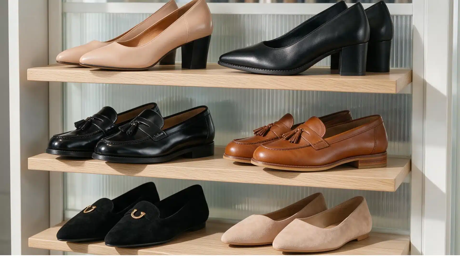 Women’s business casual pumps loafers and flats neatly arranged on wooden wardrobe shelves.