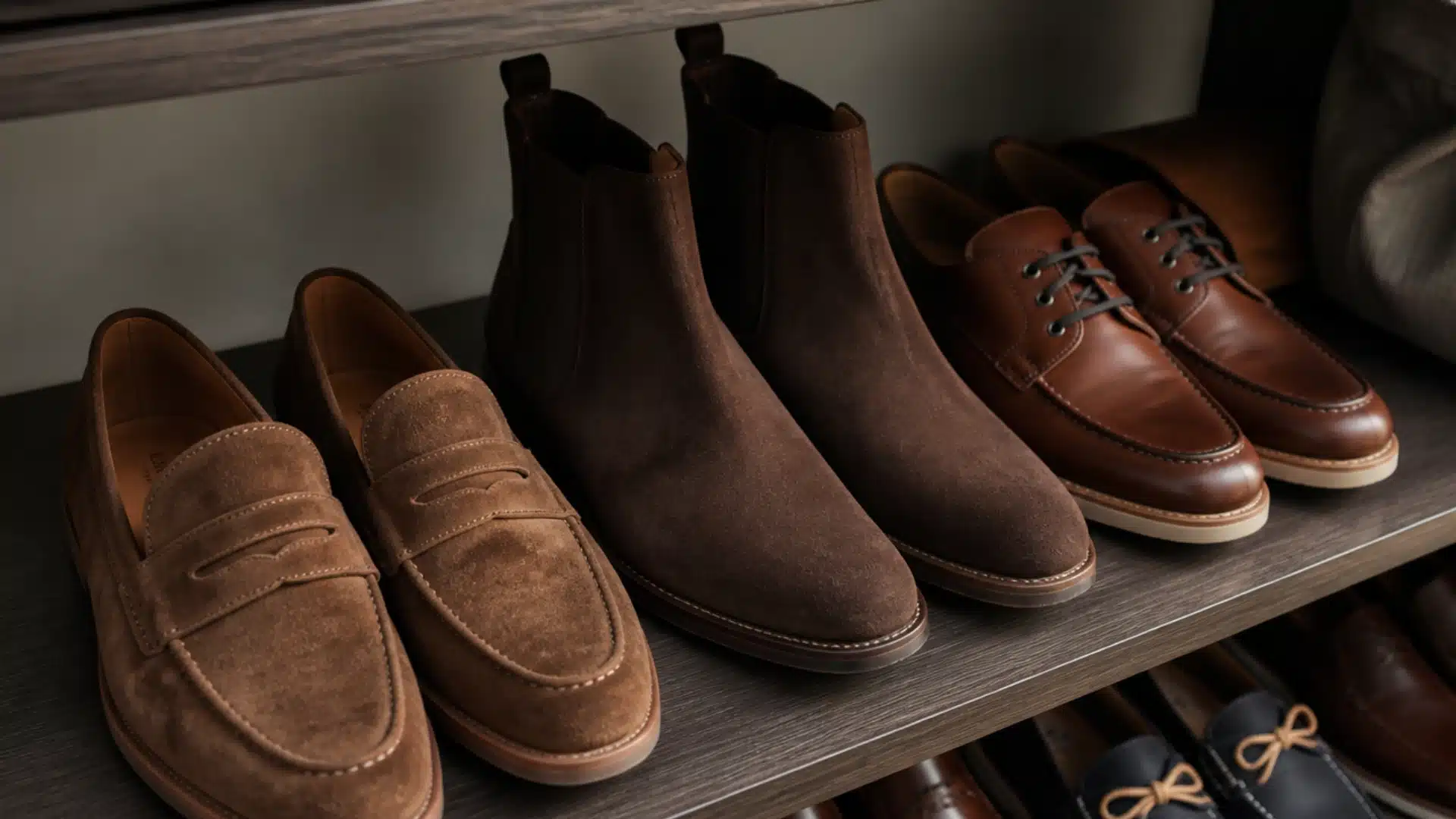 Men’s smart casual suede loafers Chelsea boots and leather shoes neatly arranged on a wardrobe shelf.