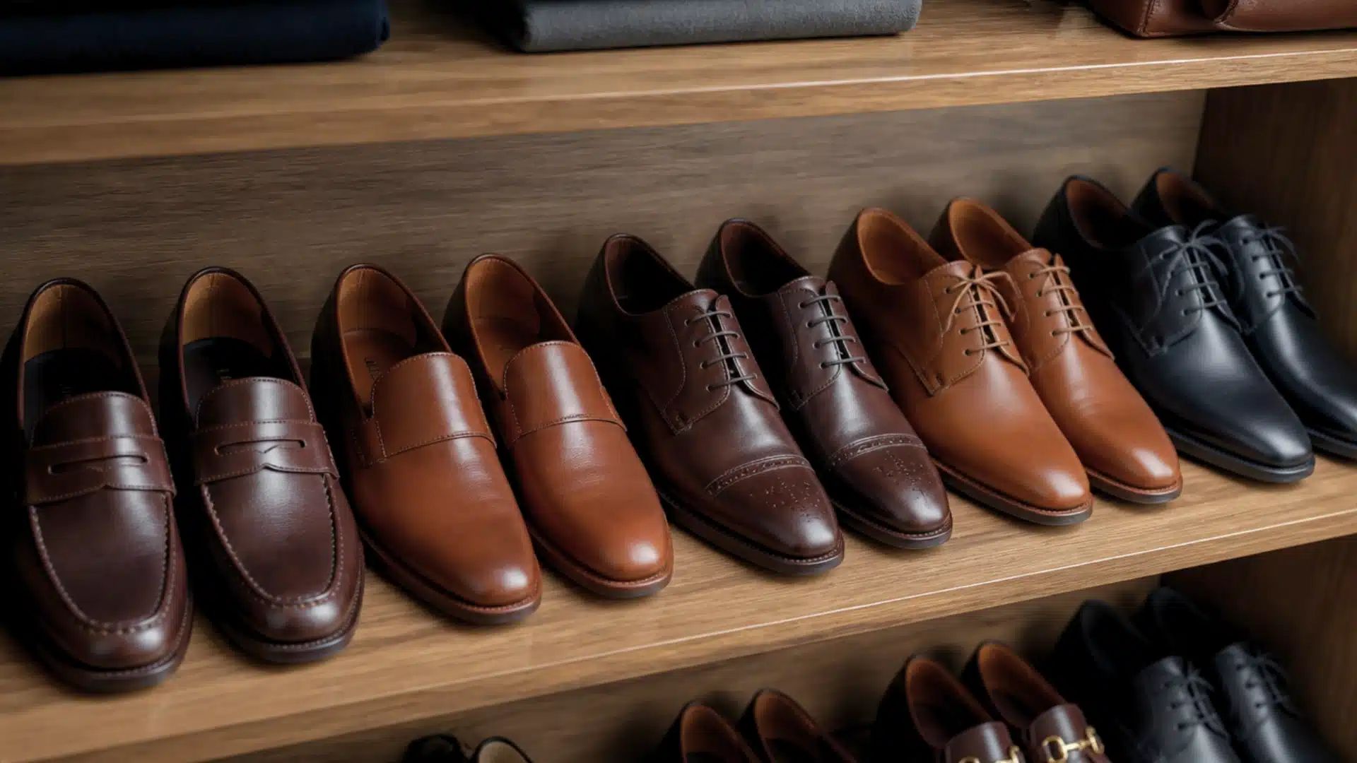 Men’s leather loafers oxfords and derby shoes neatly arranged on a wooden wardrobe shelf.