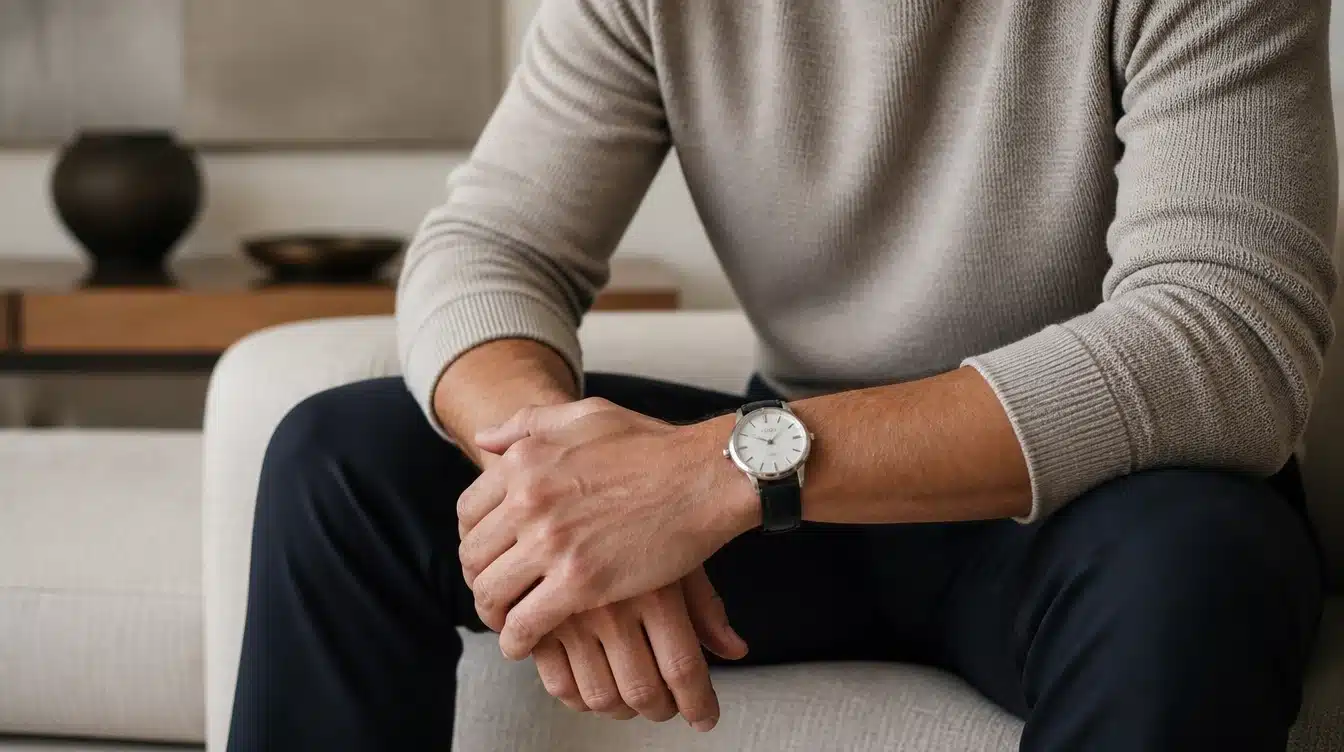 A man seated on a couch, casually displaying his wristwatch while relaxing.
