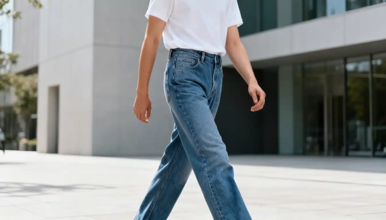 man wearing flare jeans and platform shoes on a city sidewalk.