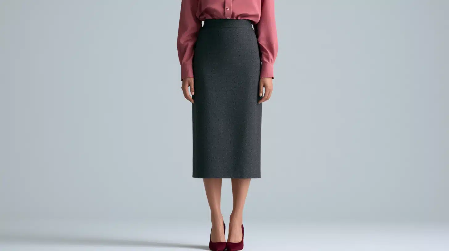 A woman wearing a pink shirt and a straight skirt, standing confidently with a neutral background.