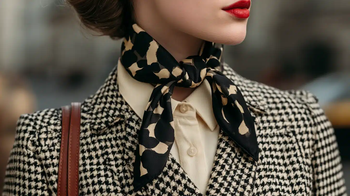 A woman in a checkered jacket and a black and white scarf, standing confidently with a neutral background.