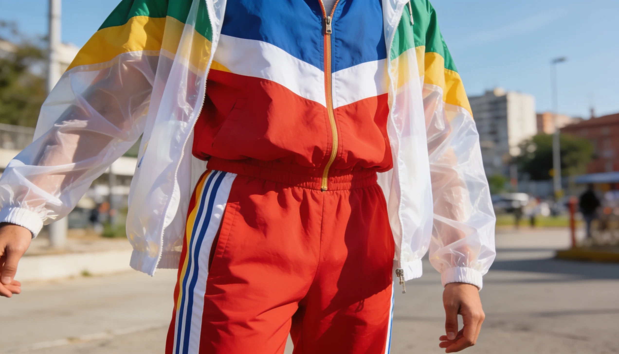Person wearing a colorful tracksuit with a transparent jacket outdoors.