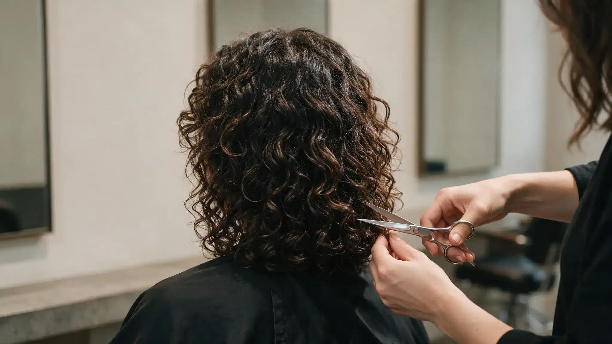 Back view of a woman with dark curly hair as a hairstylist carefully trims the curls with professional scissors
